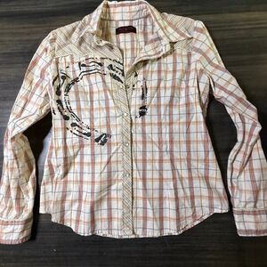 RAW 7 Plaid Western Shirt Pearl Snap‎ Button Up Great Nail Way Design Large